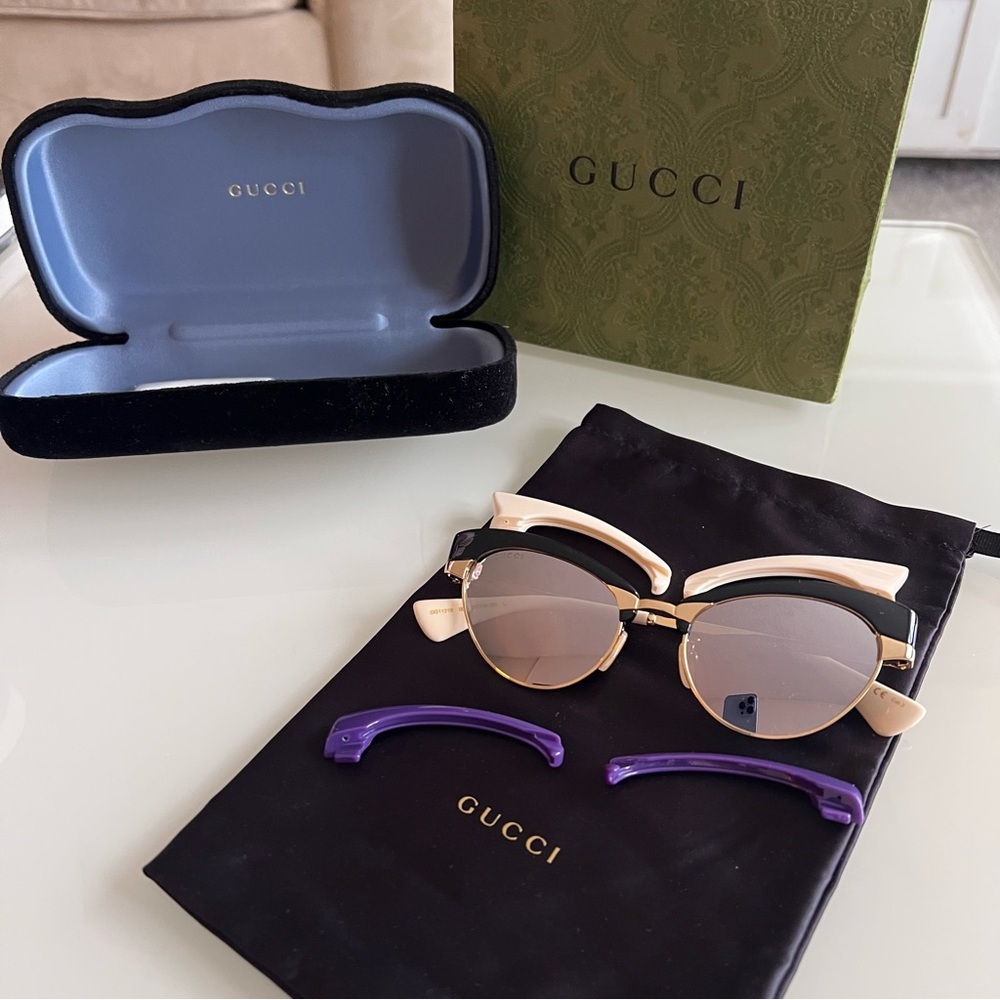 GUCCI GG1131S Interchangeable Cat-Eye Sunglass Gold Metal Frame 3 Clip-On Pieces - Picture 10 of 16